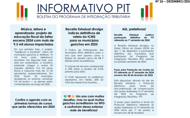 Foto de capa da notícia: 26ª Edição do Informativo do Programa de Integração Tributária- PIT/ Dezembro 2024